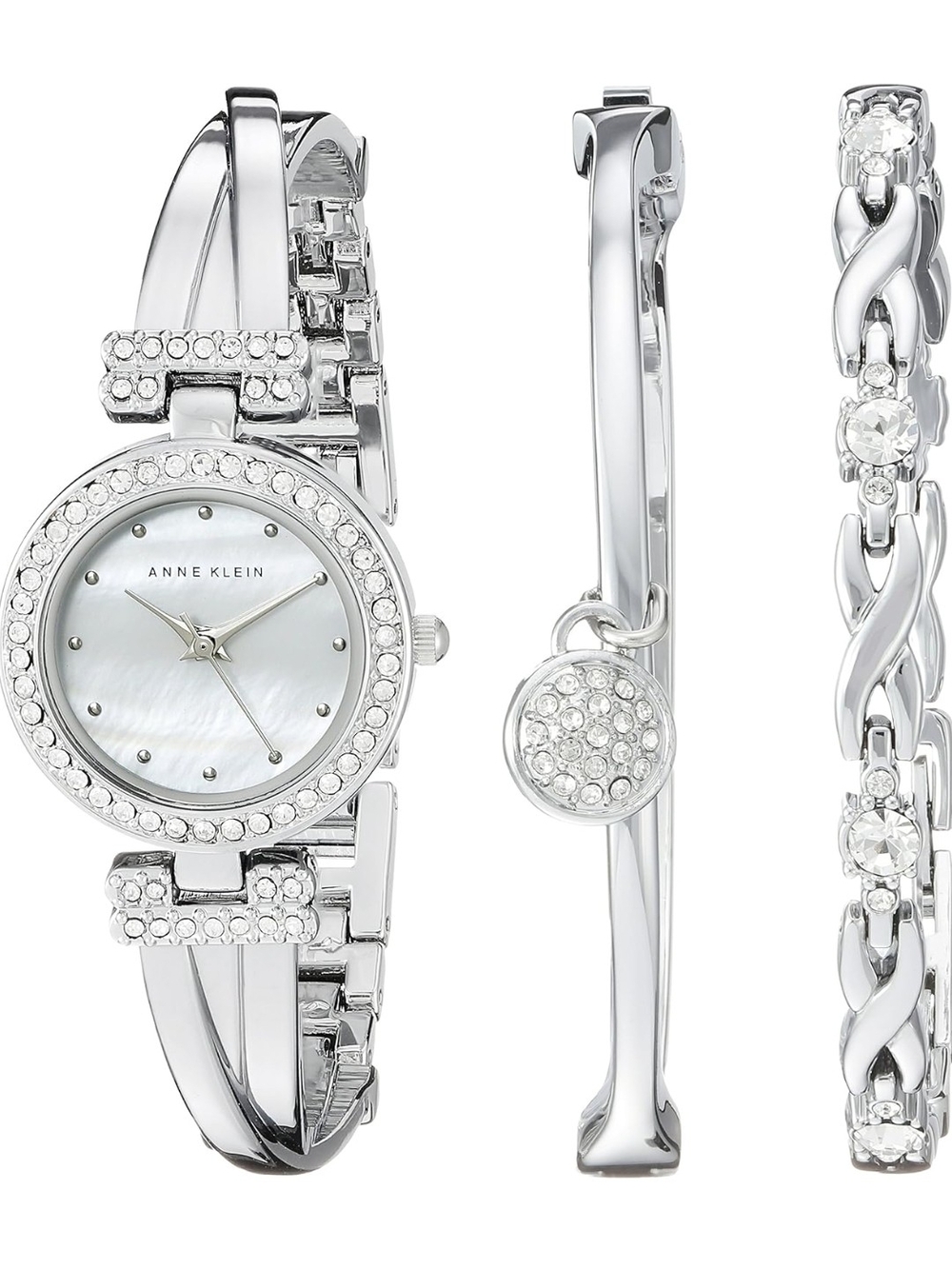Anne Klein Silver-tone Mother-of-Pearl Dial Watch & Bracelet Trio